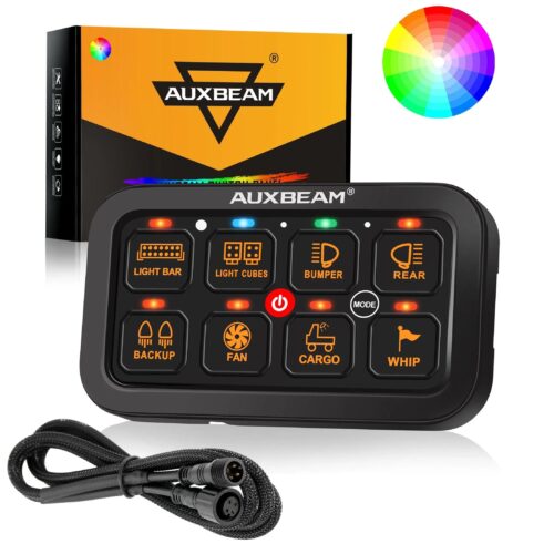 RGB Series 6/8/12 Gang LED Switch Panel,Off Road Light Controller - 8 Gang Panel Version / 1-Sided Outlet / Switch Panel Set +3.94FT Extension Cable