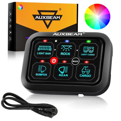 RGB Series 6/8/12 Gang LED Switch Panel,Off Road Light Controller - 6 Gang Panel Version / 1-Sided Outlet / Switch Panel Set +3.94FT Extension Cable
