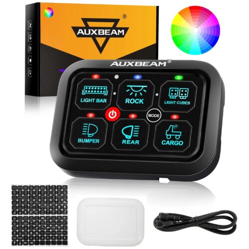 RGB Series 6/8/12 Gang LED Switch Panel,Off Road Light Controller - 6 Gang Panel Version / 1-Sided Outlet / Switch Panel Set+3.94FT Extension Cable+160pcs Universal Stickers+Cover