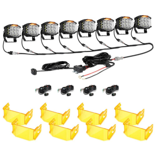 V-MAX Series | 5 Inch 168W 16440LM Spot Beam Side Shooter LED Square Pod Lights with Amber DRL - 8Pcs Pod Lights+Additional 8-Pod Power Harness / With Amber Covers