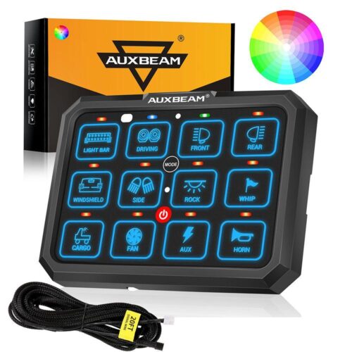 RGB Series 6/8/12 Gang LED Switch Panel,Off Road Light Controller - 12 Gang Panel Version / 2-Sided Outlet / Switch Panel Set +20FT Extension Cable