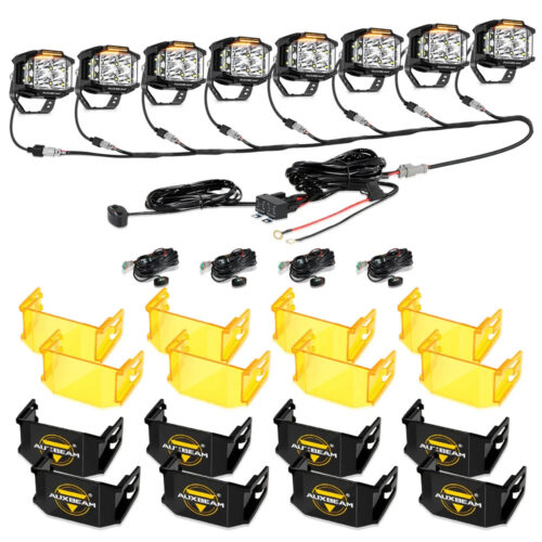 V-MAX Series | 4 Inch 92W 8960LM Spot Beam Side Shooter LED Square Pod Lights with Amber DRL - 8Pcs Pod Lights+Additional 8-Pod Power Harness / With Black Covers + Amber Covers