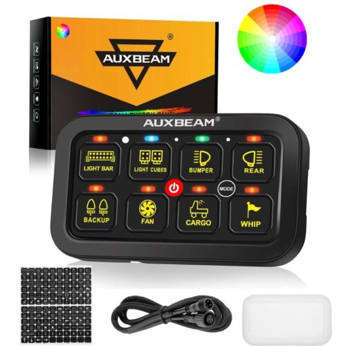 RGB Series 6/8/12 Gang LED Switch Panel,Off Road Light Controller - 8 Gang Panel Version / 2-Sided Outlet / Switch Panel Set+3.94FT Extension Cable+160pcs Universal Stickers+Cover