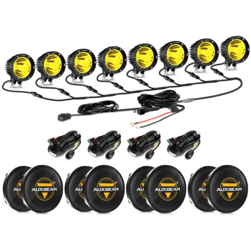 C4 Series | 4 Inch 100W Spot Round LED Pods Amber LED Driving Lights - 8Pcs Pod Lights+Additional 8-Pod Power Harness / Black Covers