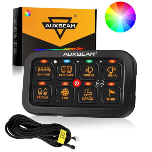 RGB Series 6/8/12 Gang LED Switch Panel,Off Road Light Controller - 8 Gang Panel Version / 1-Sided Outlet / Switch Panel Set +20FT Extension Cable