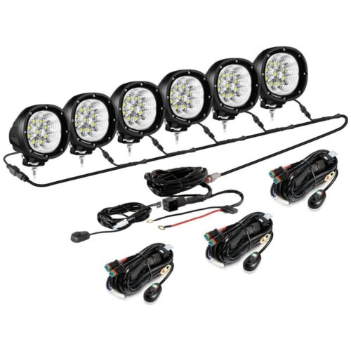 P4 Series | 4 Inch 90W 9000LM Round LED Driving Lights Flood White Pod Lights - 6Pcs Pod Lights+Additional 6-Pod Power Harness / Without Covers