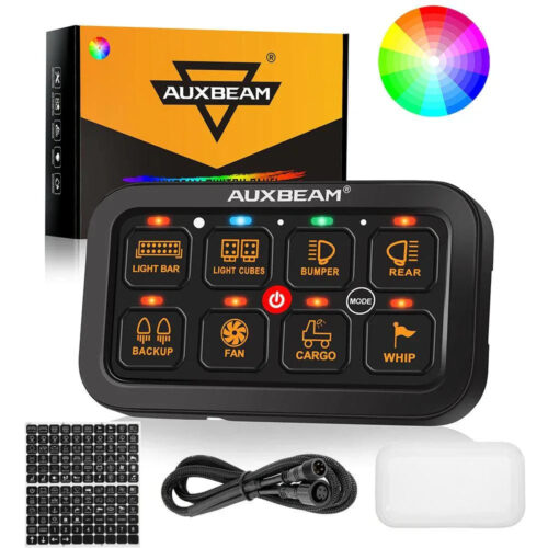 RGB Series 6/8/12 Gang LED Switch Panel,Off Road Light Controller - 8 Gang Panel Version / 1-Sided Outlet / Switch Panel Set+3.94FT Extension Cable+160pcs Universal Stickers+Cover