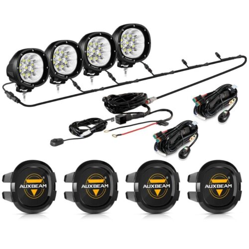 P4 Series | 4 Inch 90W 9000LM Round LED Driving Lights Flood White Pod Lights - 4Pcs Pod Lights+Additional 6-Pod Power Harness / Black Covers