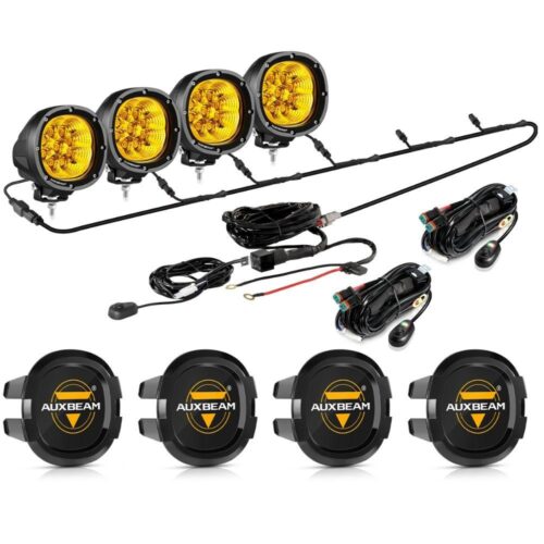 P4 Series | 4 Inch 90W 9000LM Round LED Driving Lights Flood Amber Pod Lights - 4Pcs Pod Lights+Additional 6-Pod Power Harness / Black Covers
