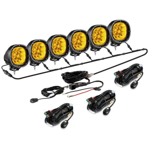 P4 Series | 4 Inch 90W 9000LM Round LED Driving Lights Flood Amber Pod Lights - 6Pcs Pod Lights+Additional 6-Pod Power Harness / Without Covers
