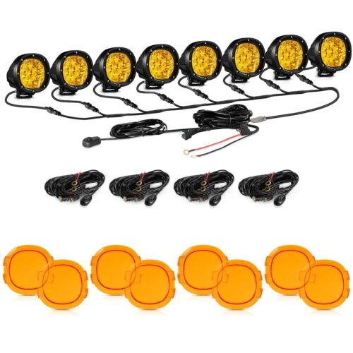 P4 Series | 4 Inch 90W Round LED Driving Lights Spot Amber Pod Lights - 8Pcs Pod Lights+Additional 8-Pod Power Harness / Dark Amber Covers
