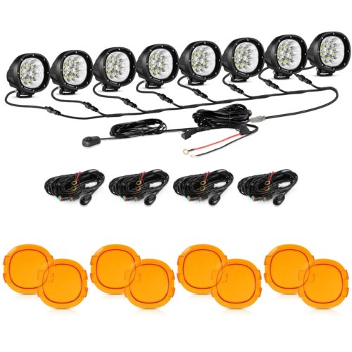 P4 Series | 4 Inch 90W 9000LM Round LED Driving Lights Flood White Pod Lights - 8Pcs Pod Lights+Additional 8-Pod Power Harness / Dark Amber Covers