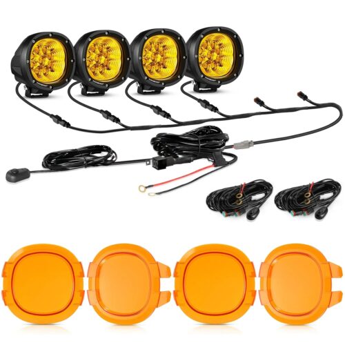 P4 Series | 4 Inch 90W 9000LM Round LED Driving Lights Flood Amber Pod Lights - 4Pcs Pod Lights+Additional 6-Pod Power Harness / Dark Amber Covers