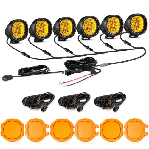 P4 Series | 4 Inch 90W 9000LM Round LED Driving Lights Flood Amber Pod Lights - 6Pcs Pod Lights+Additional 6-Pod Power Harness / Dark Amber Covers
