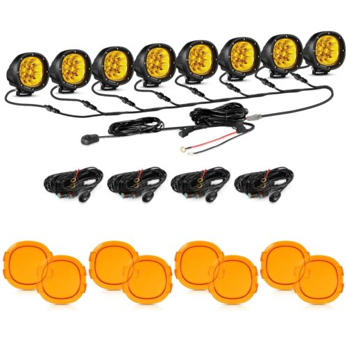 P4 Series | 4 Inch 90W 9000LM Round LED Driving Lights Flood Amber Pod Lights - 8Pcs Pod Lights+Additional 8-Pod Power Harness / Dark Amber Covers