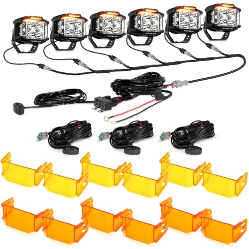V-MAX Series | 4 Inch 92W 8960LM Spot Beam Side Shooter LED Square Pod Lights with Amber DRL - 6Pcs Pod Lights+Additional 6-Pod Power Harness / With Dark Amber Covers + Amber Covers