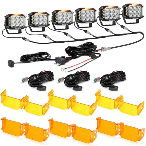 V-MAX Series | 5 Inch 168W 16440LM Spot Beam Side Shooter LED Square Pod Lights with Amber DRL - 6Pcs Pod Lights+Additional 6-Pod Power Harness / With Dark Amber Covers + Amber Covers
