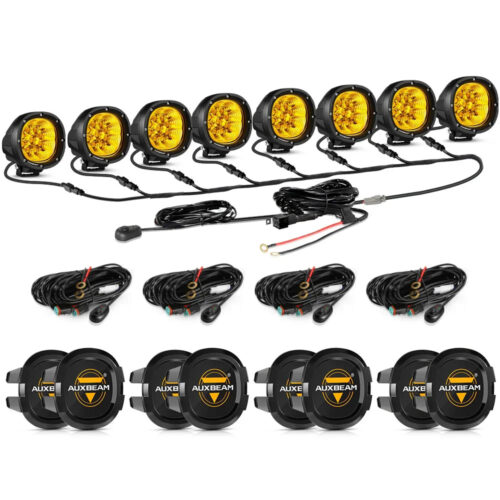 P4 Series | 4 Inch 90W 9000LM Round LED Driving Lights Flood Amber Pod Lights - 8Pcs Pod Lights+Additional 8-Pod Power Harness / Black Covers