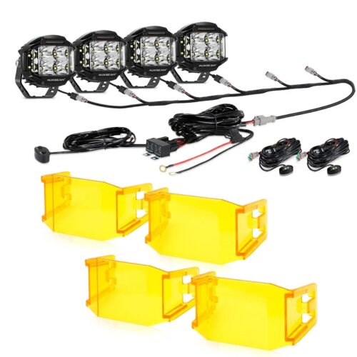 V-MAX Series | 4 Inch 92W 8960LM Spot Beam Side Shooter LED Round Pod Lights with Amber DRL - 4Pcs Pod Lights+Additional 6-Pod Power Harness / With Amber Covers
