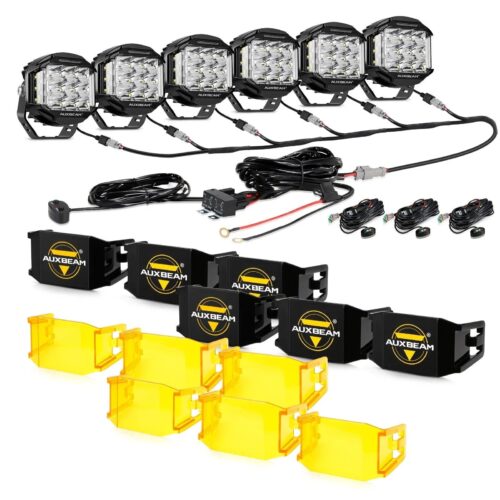 V-MAX Series | 5 Inch 168W 16440LM Spot Beam Side Shooter LED Round Pod Lights with Amber DRL - 6Pcs Pod Lights+Additional 6-Pod Power Harness / With Black Covers + Amber Covers