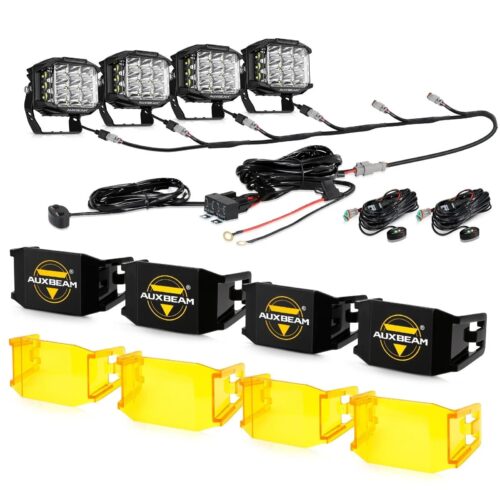 V-MAX Series | 5 Inch 168W 16440LM Spot Beam Side Shooter LED Square Pod Lights with Amber DRL - 4Pcs Pod Lights+Additional 6-Pod Power Harness / With Black Covers + Amber Covers