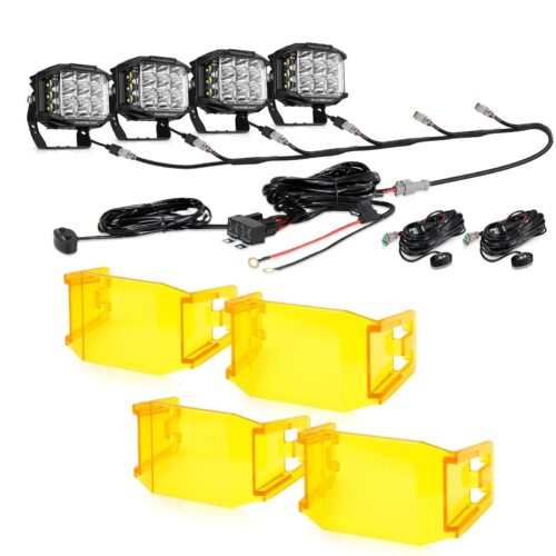 V-MAX Series | 5 Inch 168W 16440LM Spot Beam Side Shooter LED Square Pod Lights with Amber DRL - 4Pcs Pod Lights+Additional 6-Pod Power Harness / With Amber Covers