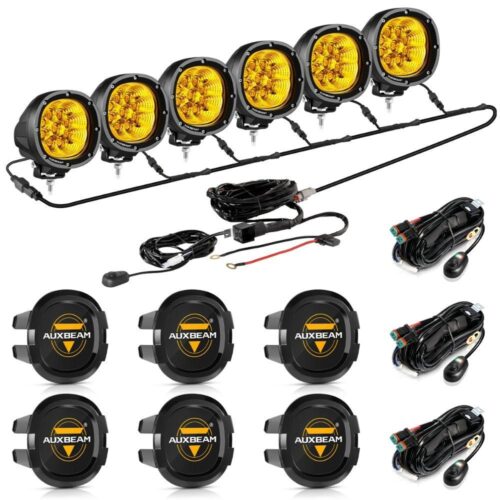 P4 Series | 4 Inch 90W 9000LM Round LED Driving Lights Flood Amber Pod Lights - 6Pcs Pod Lights+Additional 6-Pod Power Harness / Black Covers