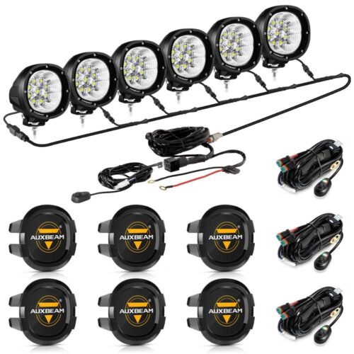 P4 Series | 4 Inch 90W 9000LM Round LED Driving Lights Flood White Pod Lights - 6Pcs Pod Lights+Additional 6-Pod Power Harness / Black Covers