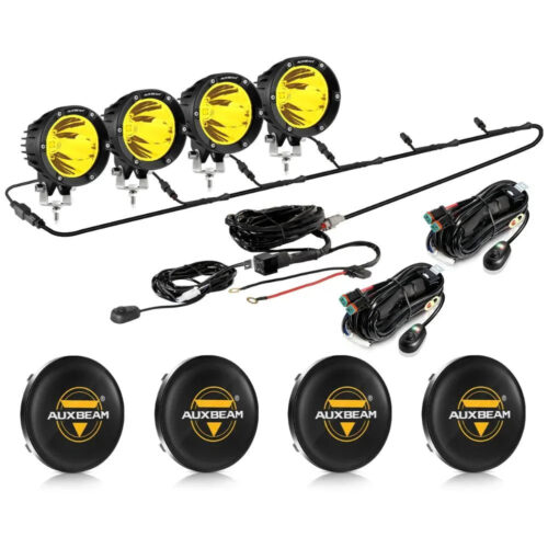 C4 Series | 4 Inch 100W Spot Round LED Pods Amber LED Driving Lights - 4Pcs Pod Lights+Additional 6-Pod Power Harness / Black Covers
