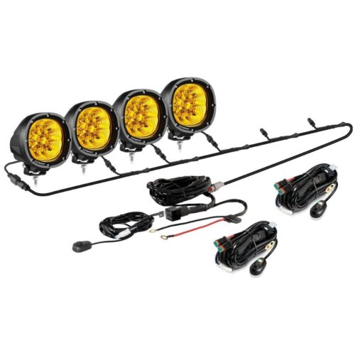 P4 Series | 4 Inch 90W 9000LM Round LED Driving Lights Flood Amber Pod Lights - 4Pcs Pod Lights+Additional 6-Pod Power Harness / Without Covers