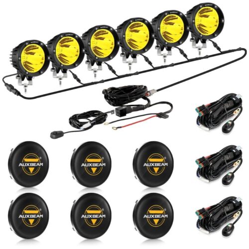 C4 Series | 4 Inch 100W Spot Round LED Pods Amber LED Driving Lights - 6Pcs Pod Lights+Additional 6-Pod Power Harness / Black Covers